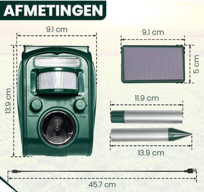 Ultrasone Kattenverjager - Zonneenergie - afmetingen